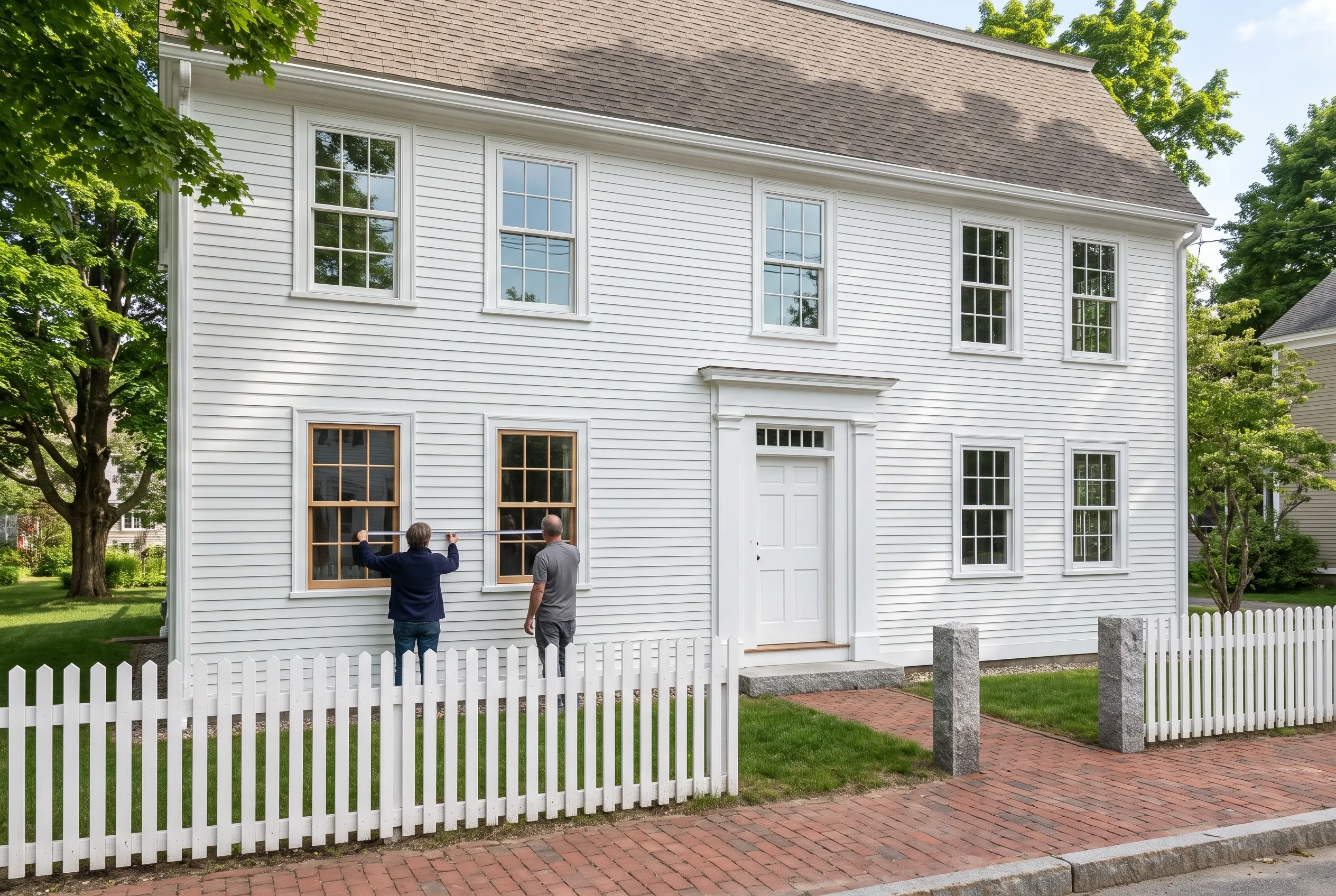 White Colonial in Yarmouth, ME: Two people stand at a window on a white-sided two-story colonial house with gray roof and white trim, white picket fence, and brick walkway.
