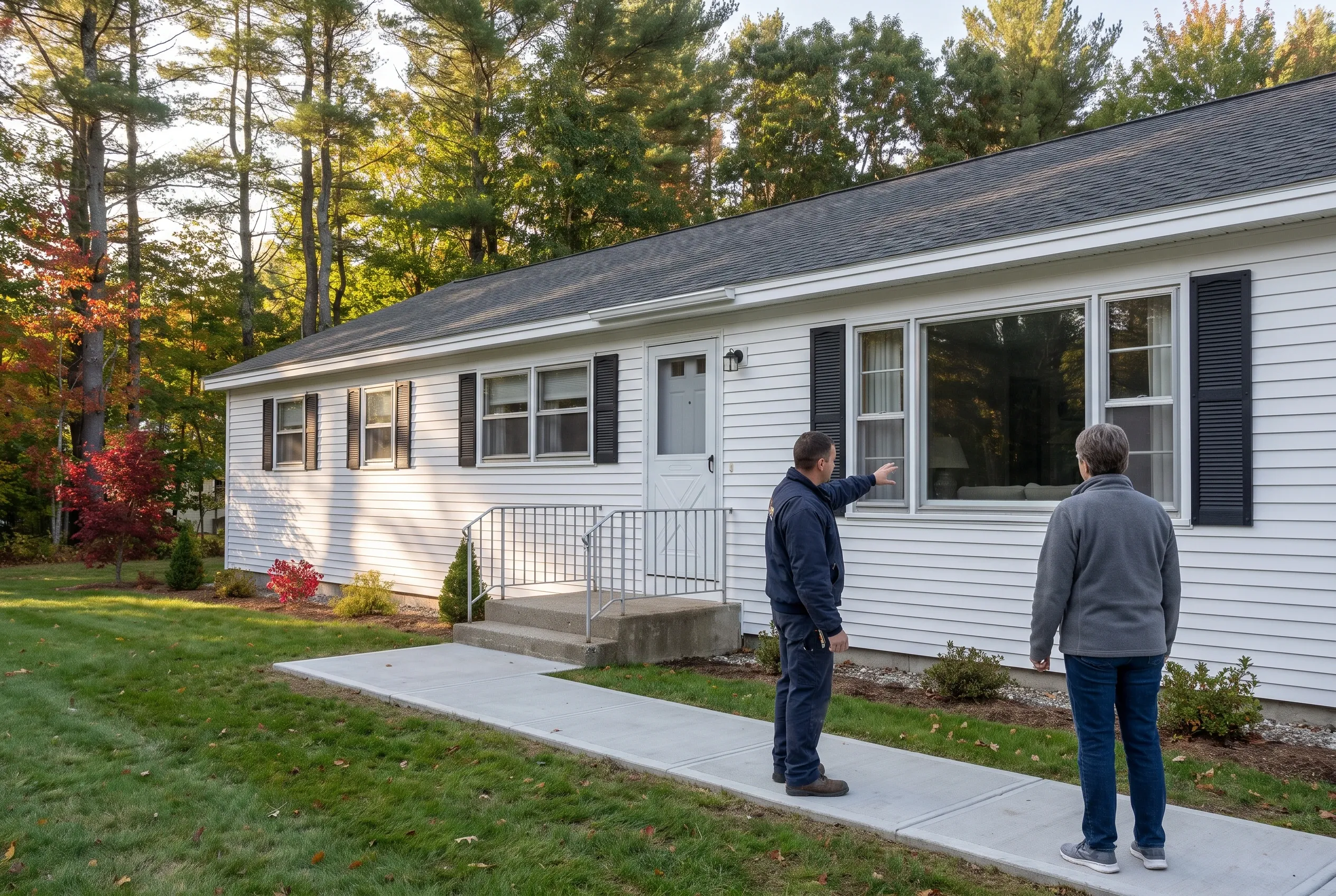 White ranch home renovation in Yarmouth, ME: Two people stand on a concrete walkway viewing the front of a single-story white vinyl-sided house with black shutters, large windows, and a dark roof, surrounded by autumn trees.
