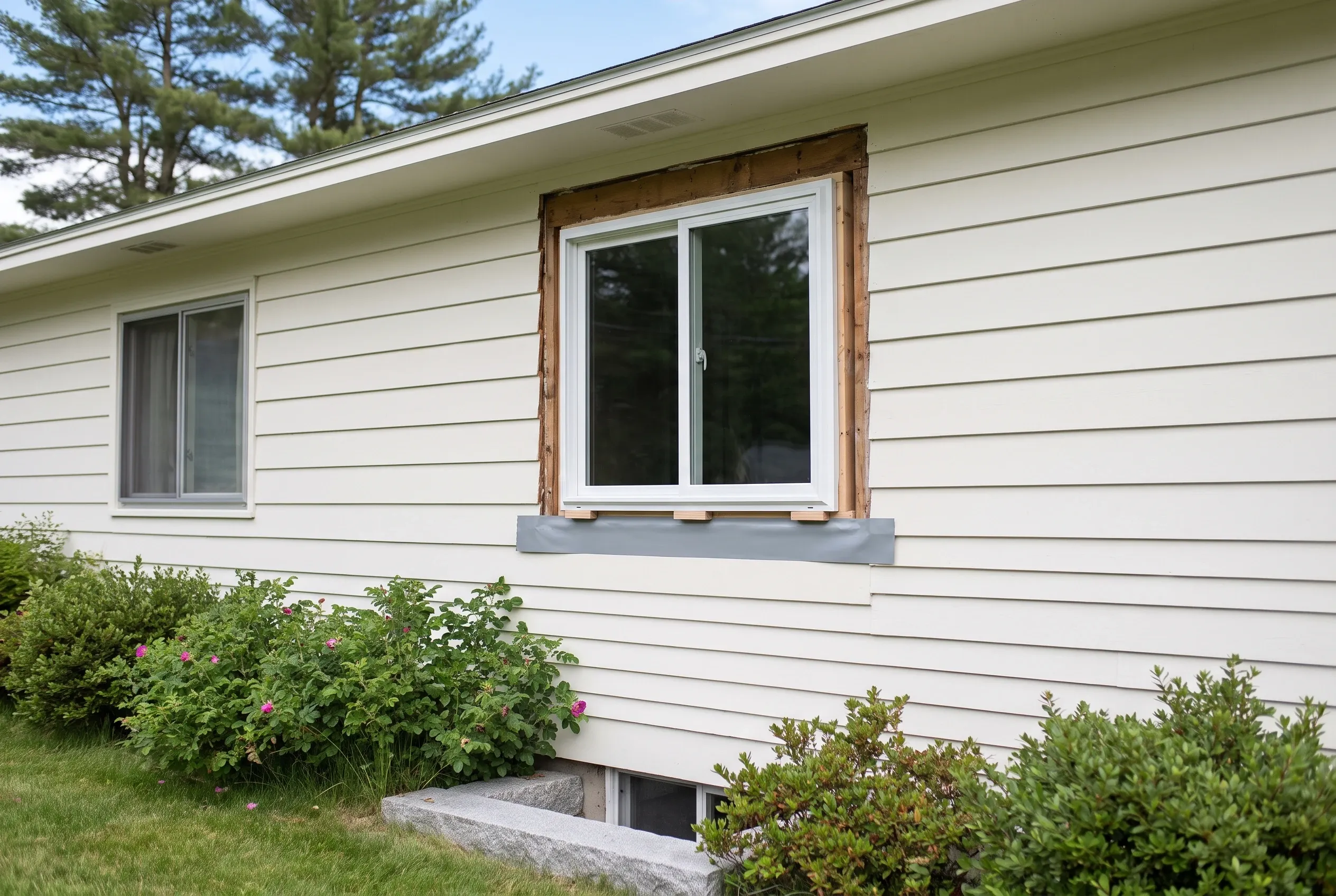 New window installation on Yarmouth home: White vinyl-sided ranch house with new double-hung window and wooden trim, gray foundation, landscaping.