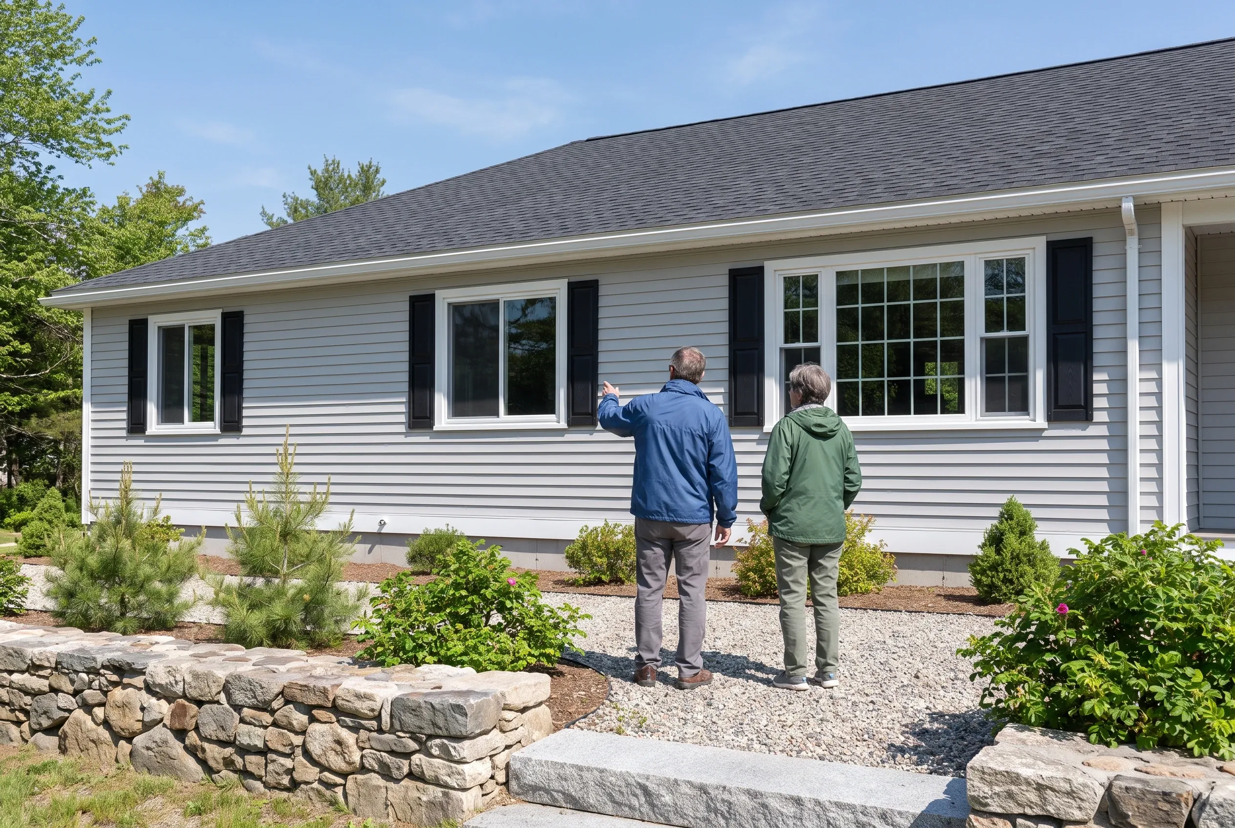 White vinyl-sided ranch in Yarmouth, ME: Two people stand in front of a single-story house with white horizontal siding, black shutters, and gray asphalt shingle roof. Large multi-pane windows frame the front. Stone foundation wall and gravel landscaping visible.