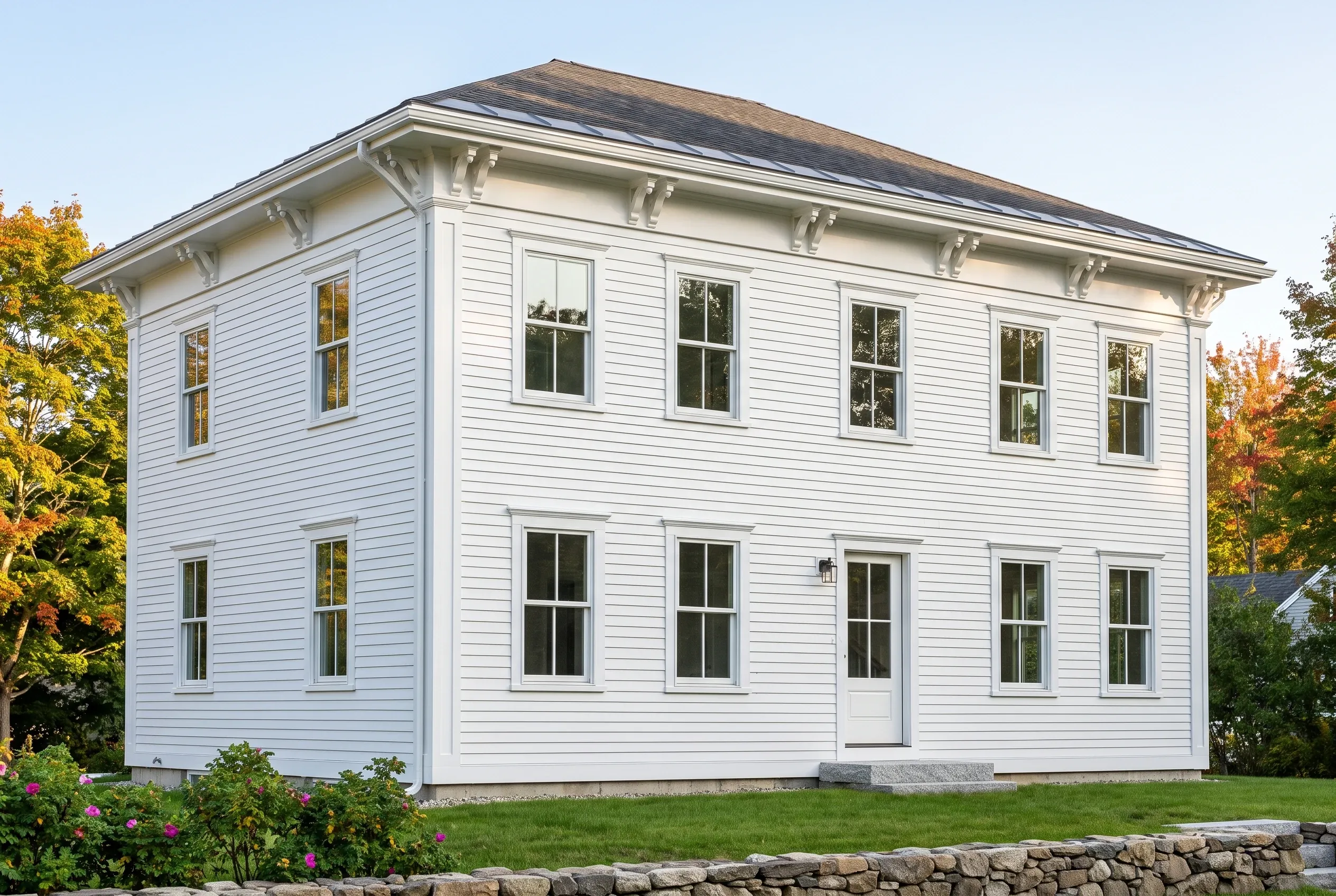 White colonial home in Yarmouth, ME: Two-story white vinyl-sided house with black-trimmed windows, dark roof, stone foundation, surrounded by green lawn and autumn foliage.