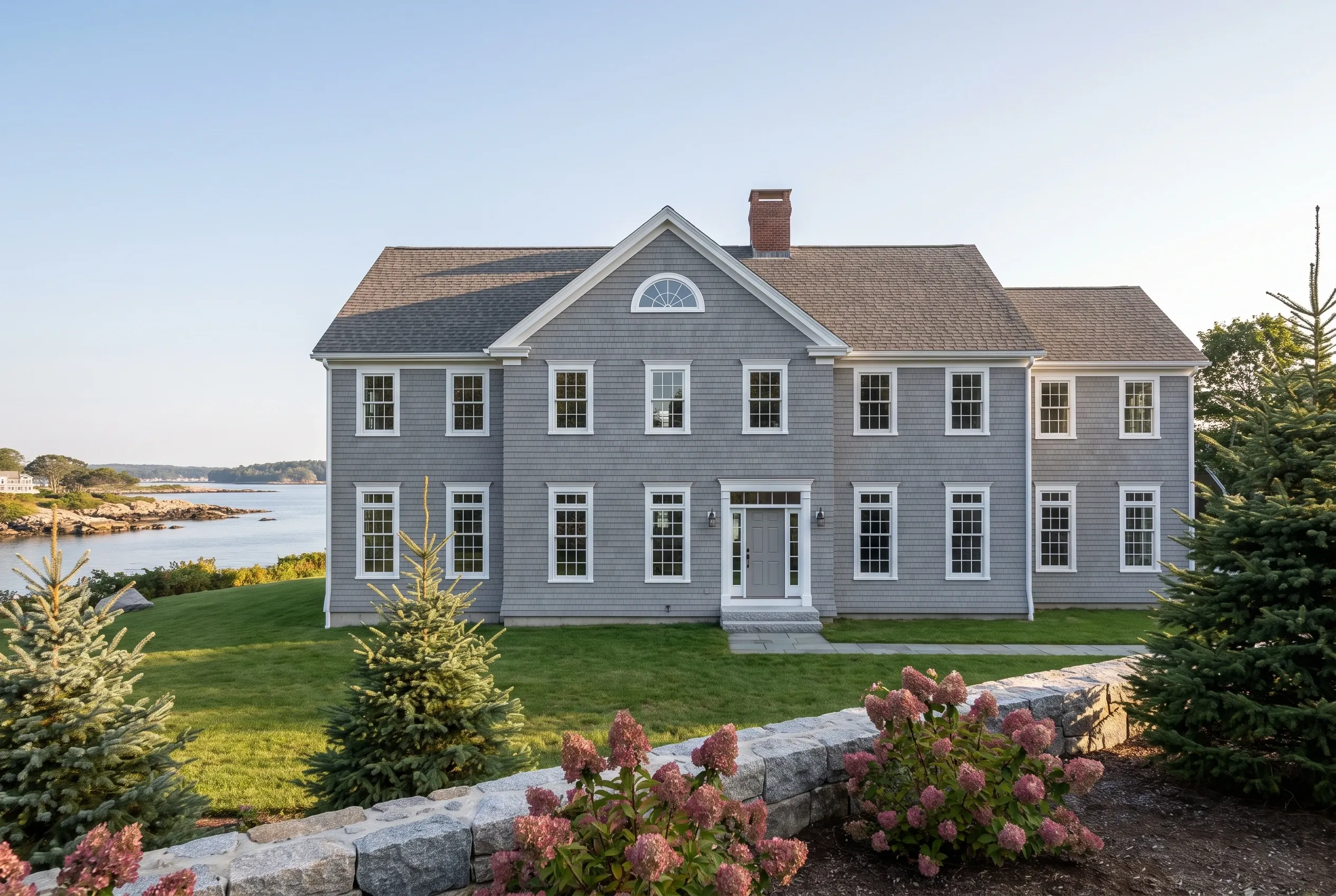 Gray Colonial Home in York, ME: Two-story gray shingled house with white trim and gabled roof beside waterfront lawn with flowering shrubs and evergreens.