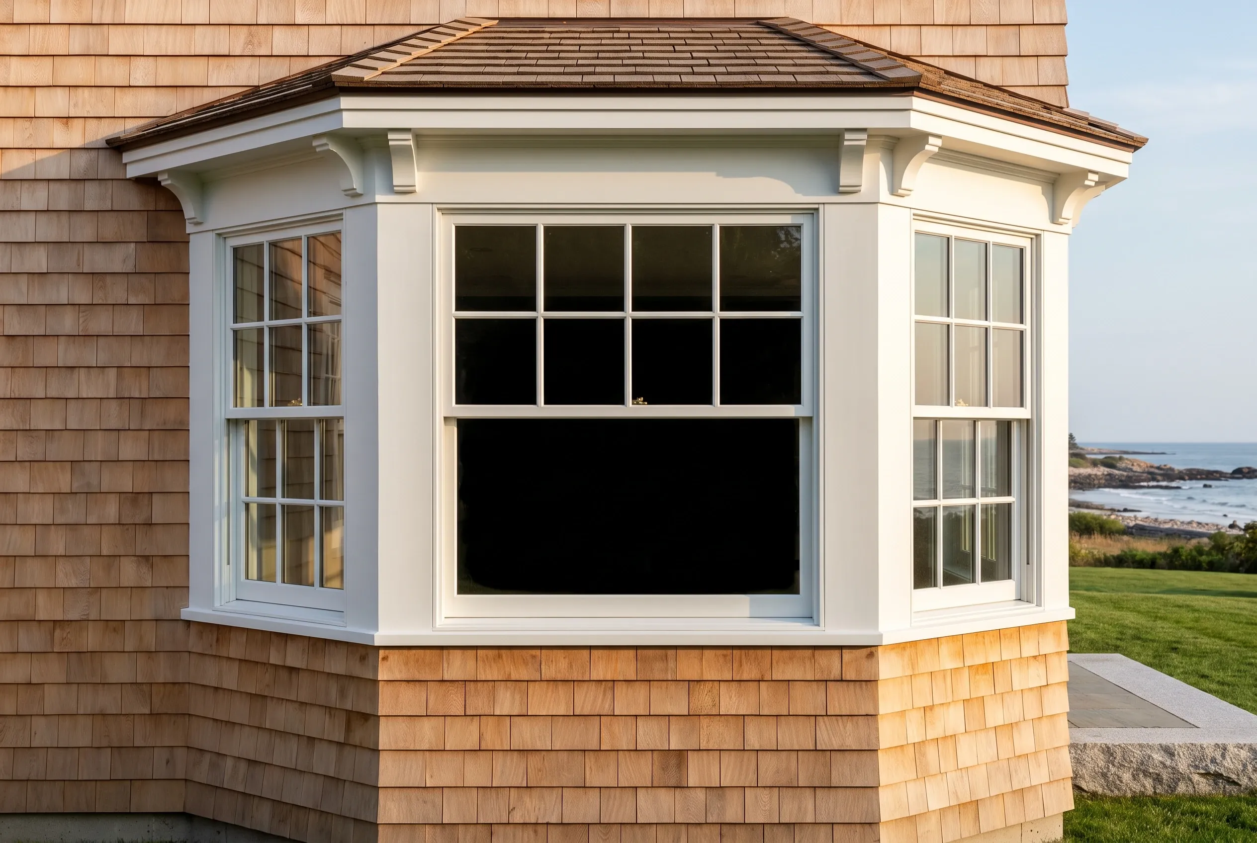 Bay window installation in York, Maine: White-trimmed bay window with multiple panes on cedar-shingled coastal home overlooking ocean and lawn.