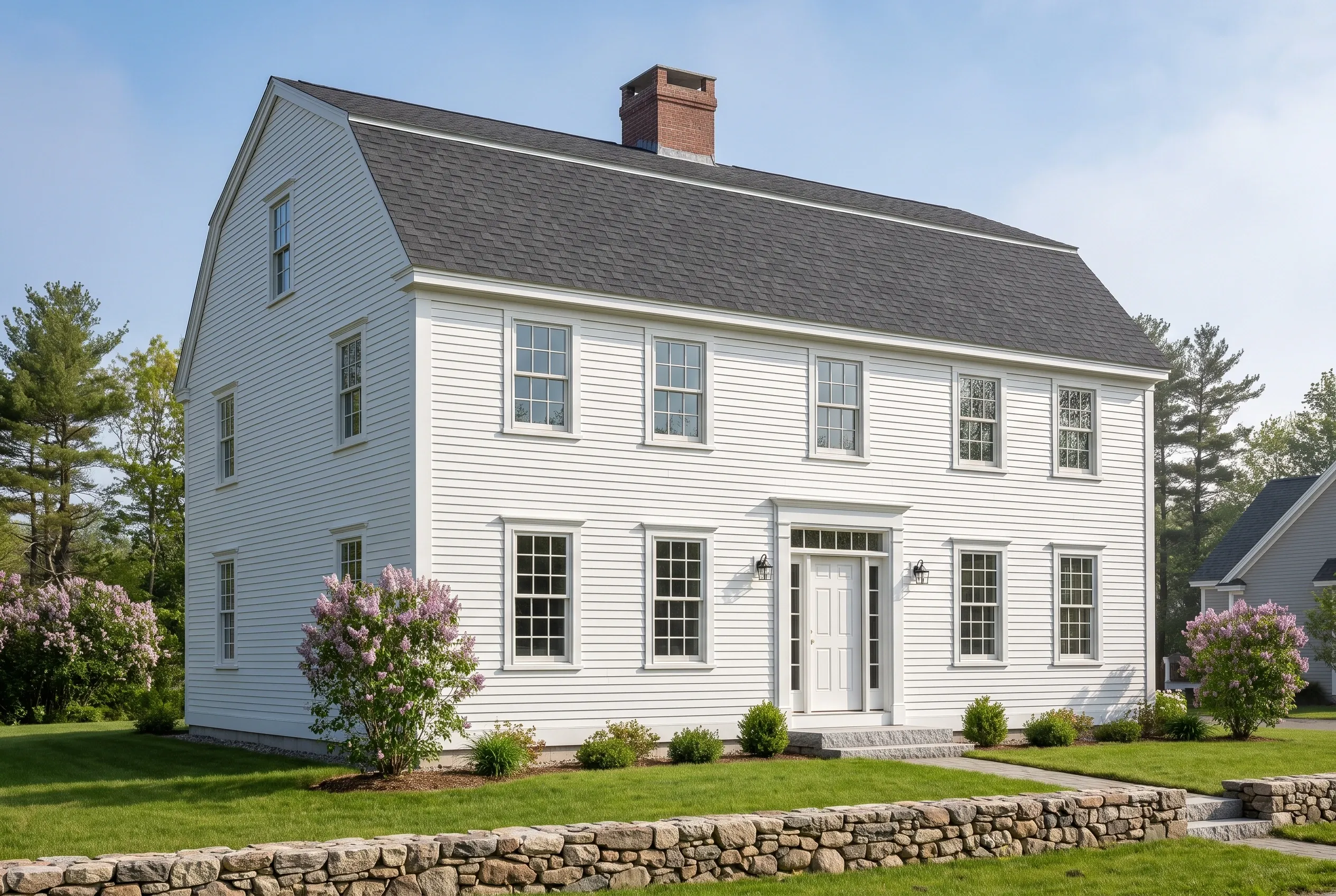 Window replacement in York, ME: White colonial house with white trim, gray roof, brick chimney, surrounded by flowering shrubs and stone wall.