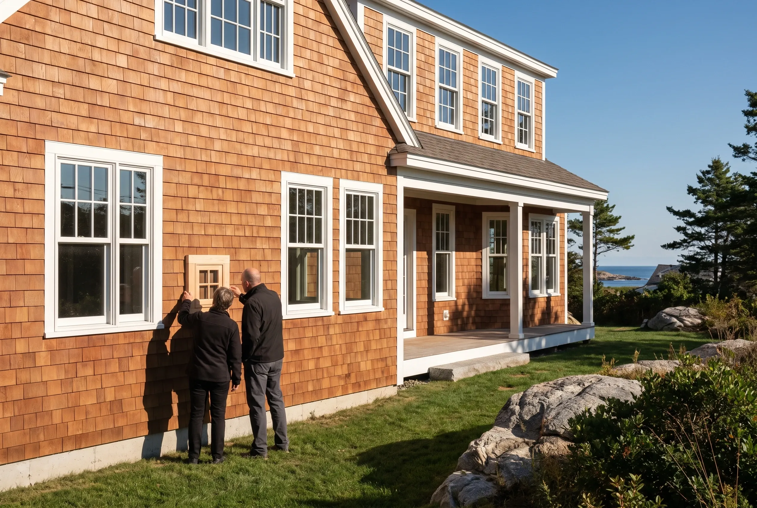 Wood Shingle Home in York, Maine: Three people stand on the lawn of a large residential home with orange-brown cedar shingle siding, white-trimmed windows, and a covered porch facing a coastal view.