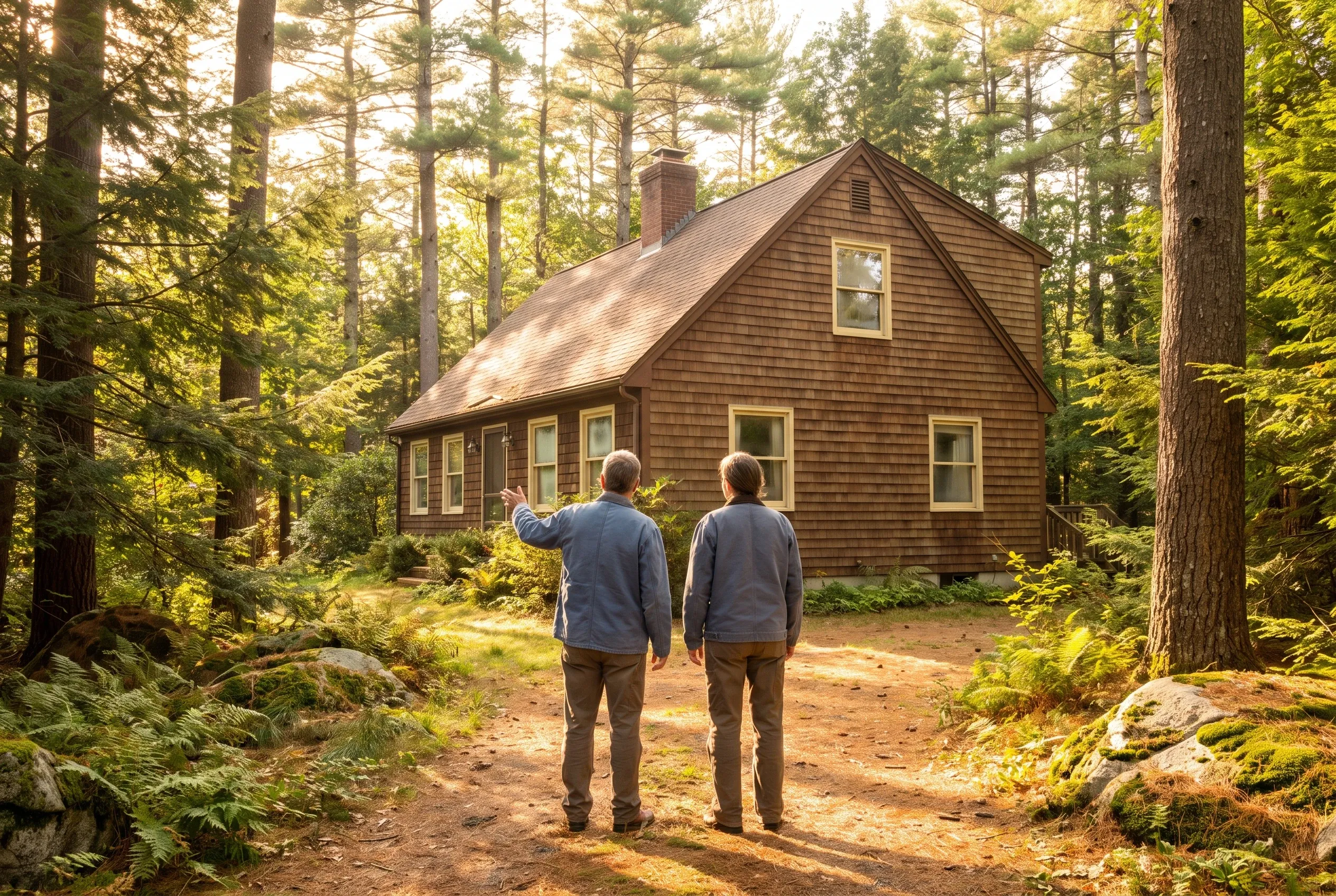 Cottage with wood shingle siding in York, ME: Two people in blue jackets stand on a dirt path facing a brown-shingled cottage with multiple windows and a brick chimney, surrounded by tall pine trees.