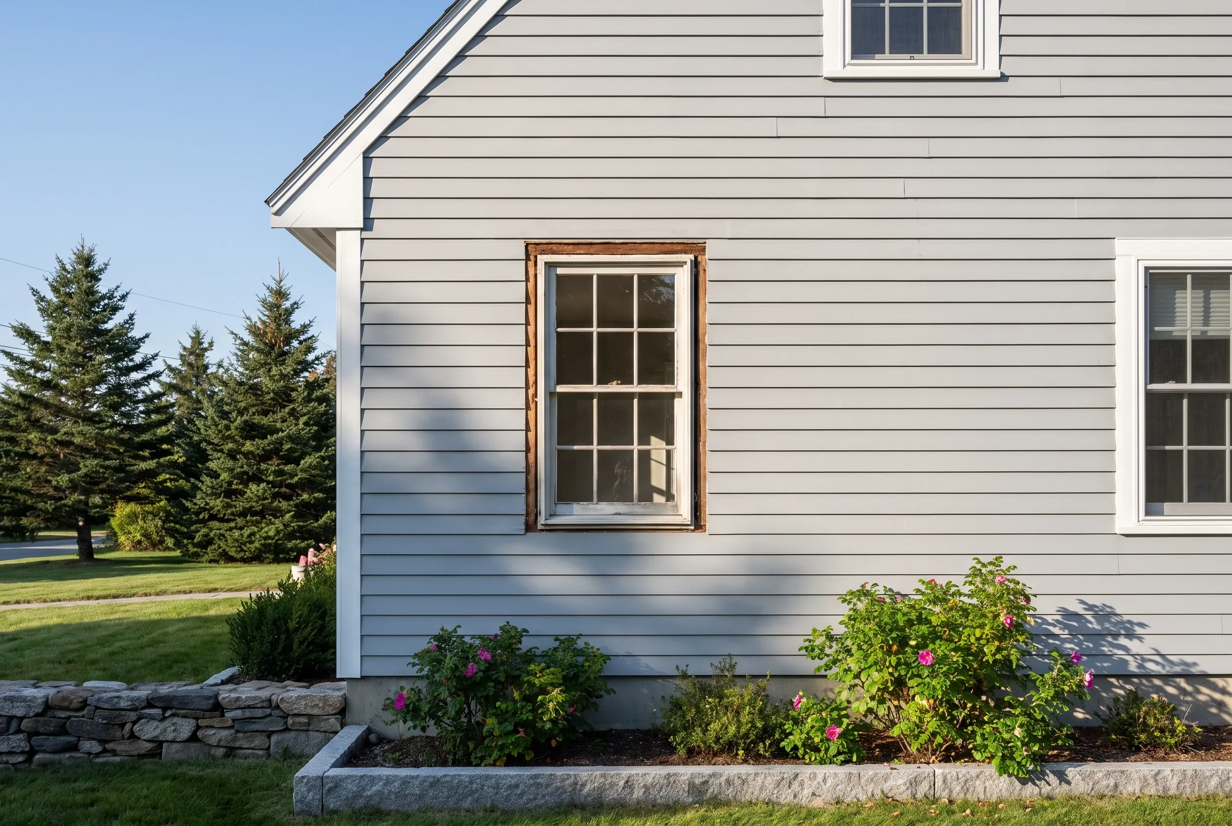 White siding house in York, Maine: Single-story white house with horizontal siding, brown-trimmed window, white trim on right window, gabled roof, stone foundation, landscaped flower beds, evergreen trees and lawn in background, clear sky.
