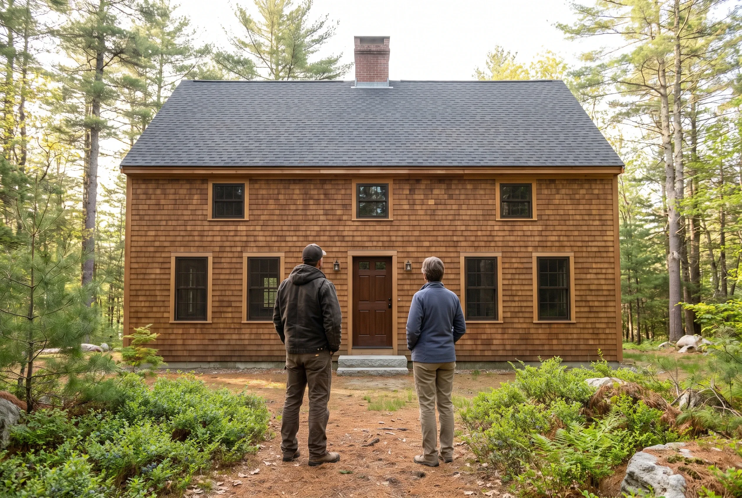 Colonial home in York, ME: Two people viewing a cedar-shingled house with black-trimmed windows, red door, and gray shingled roof surrounded by tall pines.