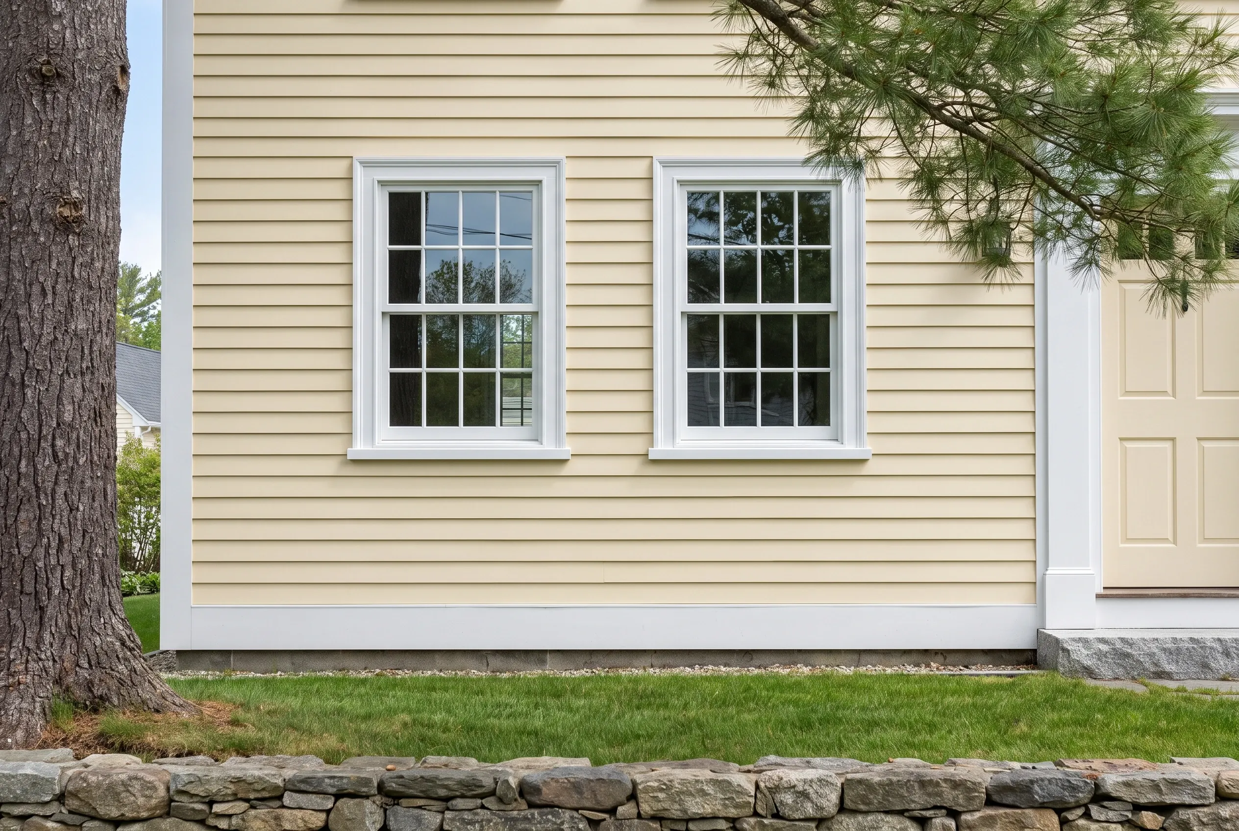 Cream Colonial with Double-Hung Windows in York, ME: Cream-colored horizontal siding with white-trimmed double-hung windows on residential home beside stone foundation and large tree.