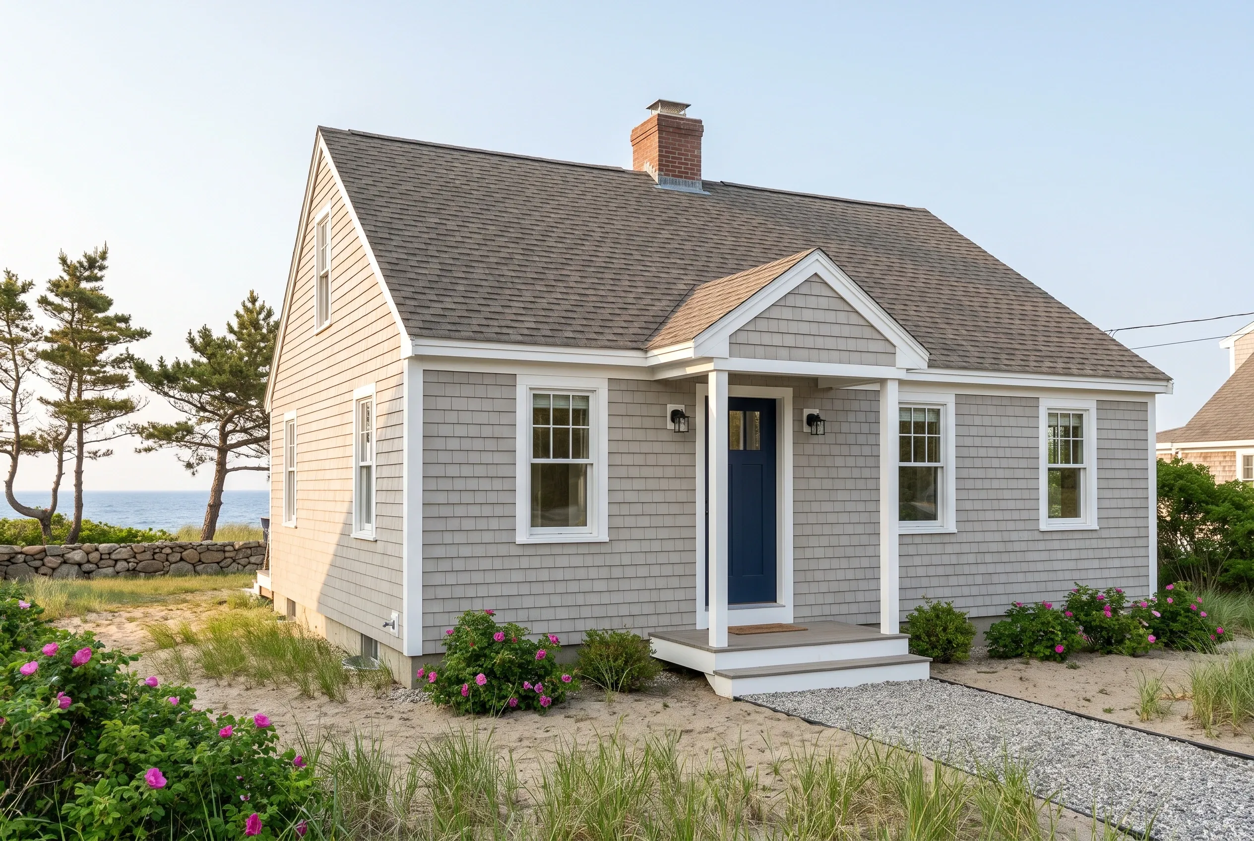 Cottage with new windows in York, Maine: Single-story gray shingle-sided cottage with white trim, gray asphalt roof, and front porch, set on sandy ground with pink flowers and ocean view behind.